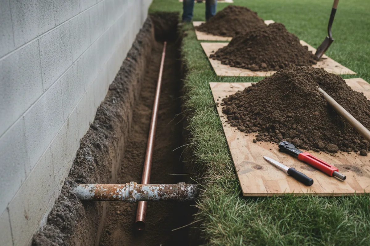 Excavated water line trench during Sewer Line Repair in Irvine